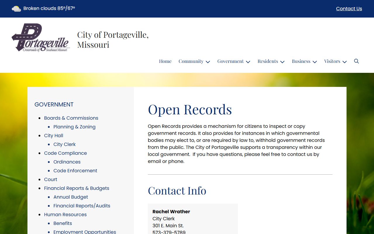 Portageville open records contact page for police records requests